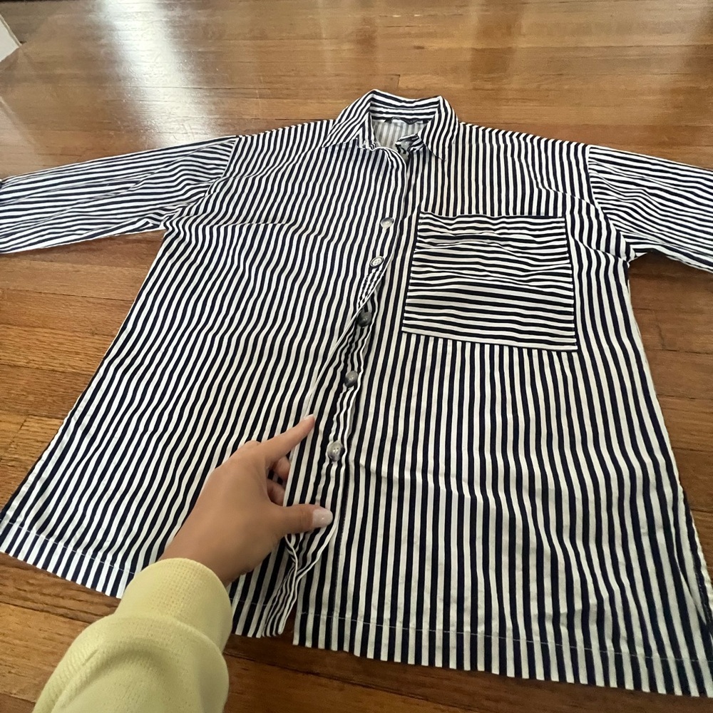 Zara bobbin Striped Button-Up Shirt in Navy and White - Picture 4 of 6